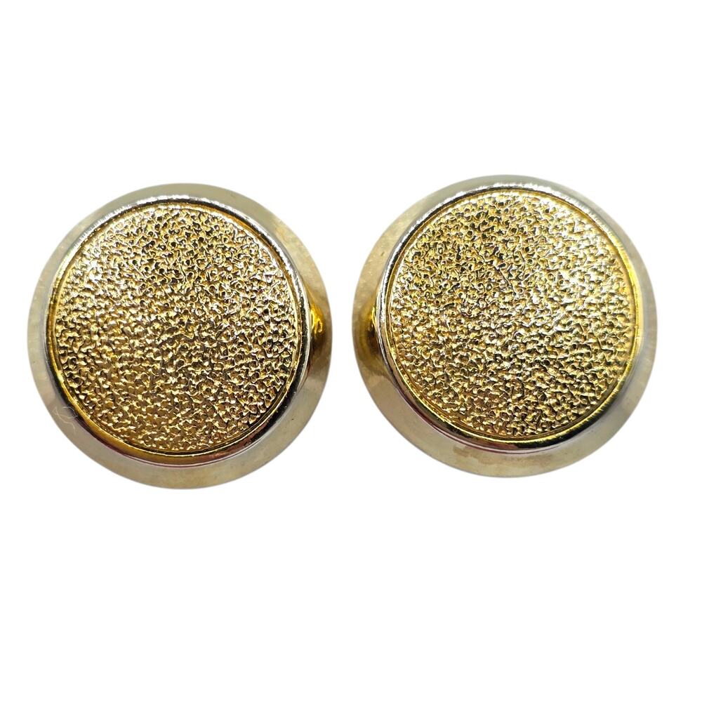 Earrings Vintage Button Pebble Grain Round Shaped Gold Tone Clip On SKU 3370